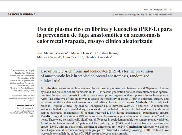 Uso de plasma rico en fibrina y leucocitos para la prevención de fuga anastomótica en anastomosis colorrectal grapada